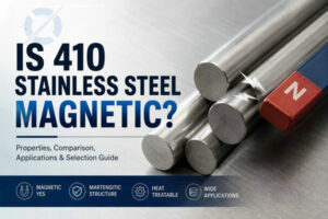 Is 410 stainless steel magnetic? Magnet test on SS410 martensitic stainless steel showing strong magnetic attraction compared with 304 stainless steel